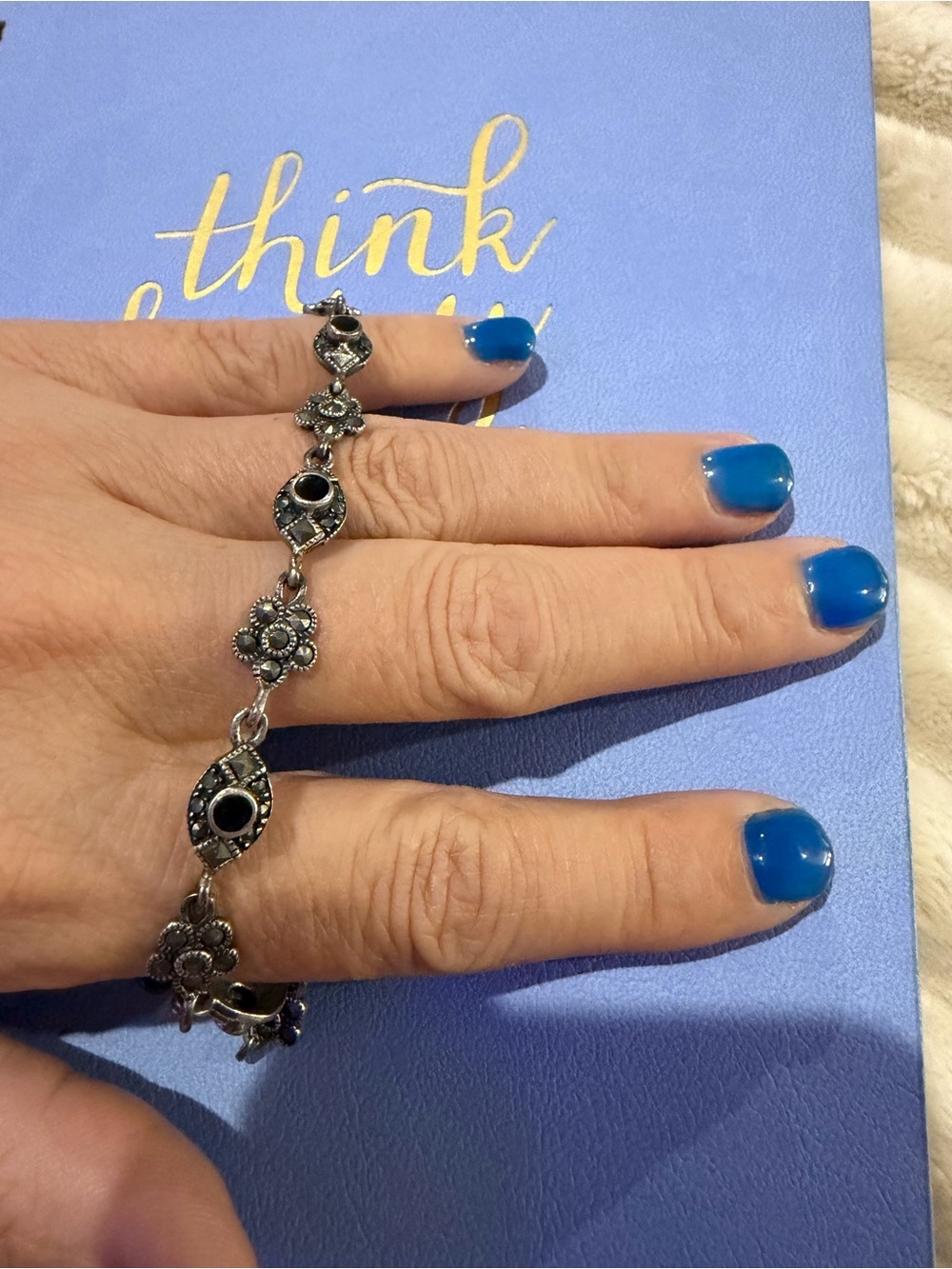 Vintage 925 Sterling Silver Marcasite Black Stone Floral Bracelet